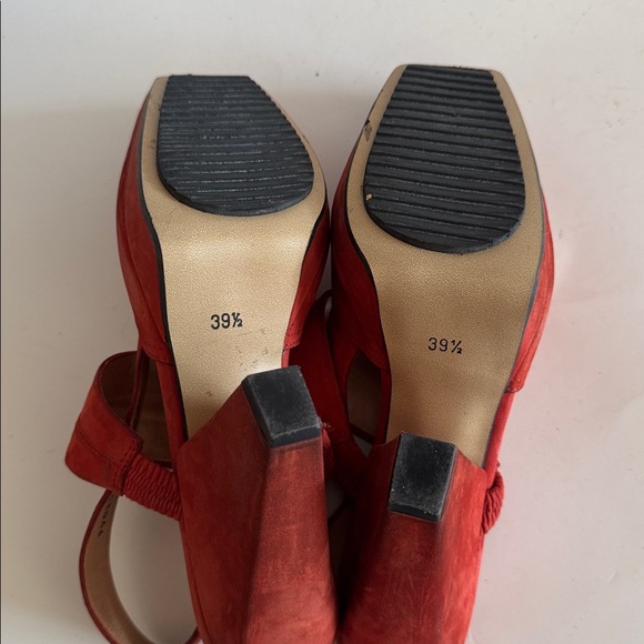 John Fluevog On Board Starboard Red Orange Suede Slingback Heel Sandals size 9.5 - Picture 11 of 11
